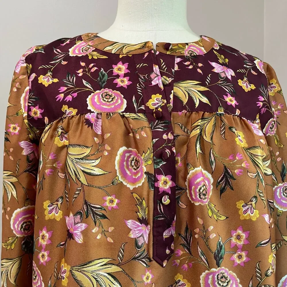 LOFT Fall Floral Blouse Long Sleeve Boho Harvest Print Top Size S - Picture 7 of 11